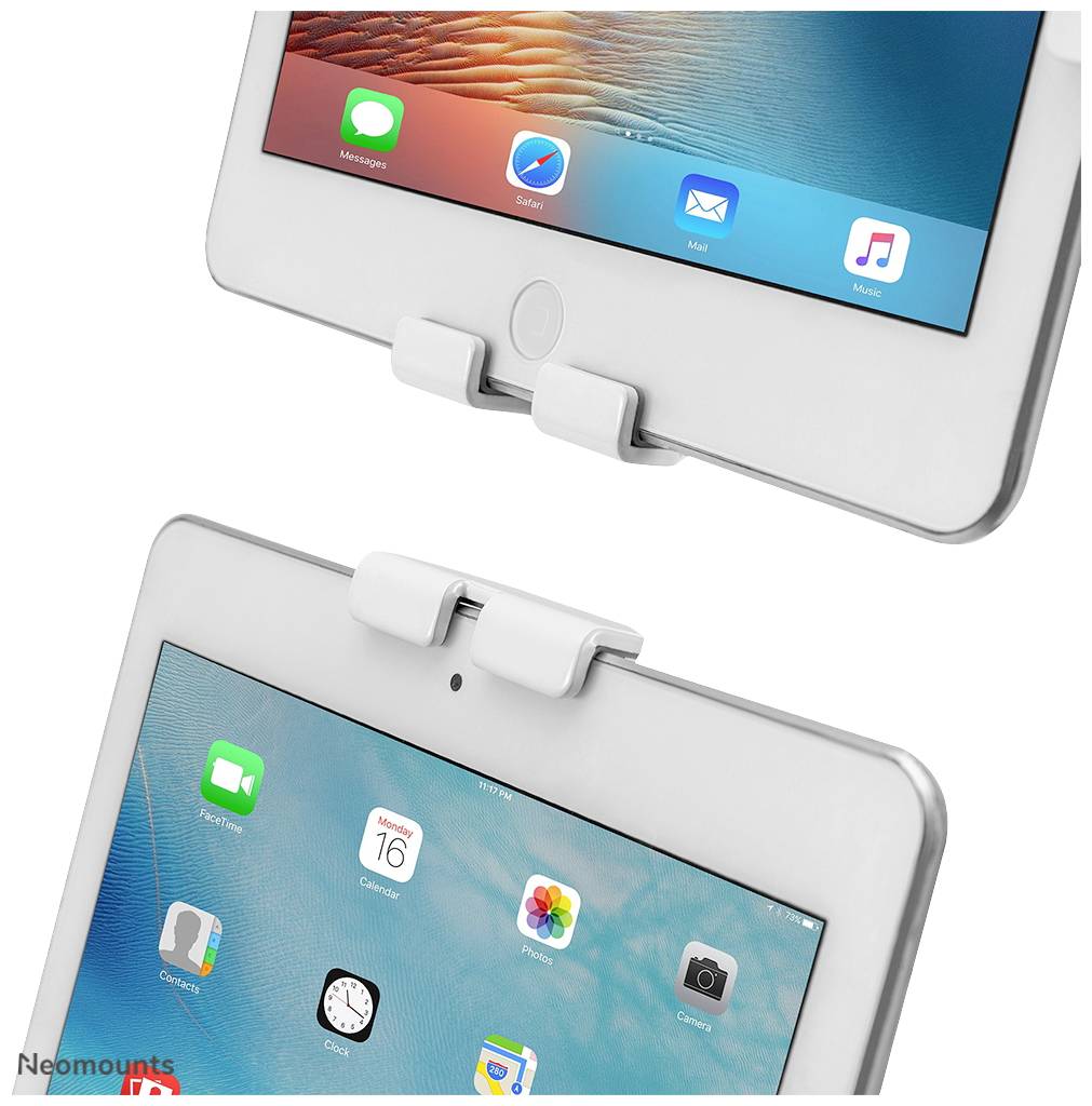 Twee tablets met weergegeven schermen. Bovenaan: Apps en 'Mail'-symbool. Onderaan: Apps en datum '16'. Beide bevestigd in witte houders.