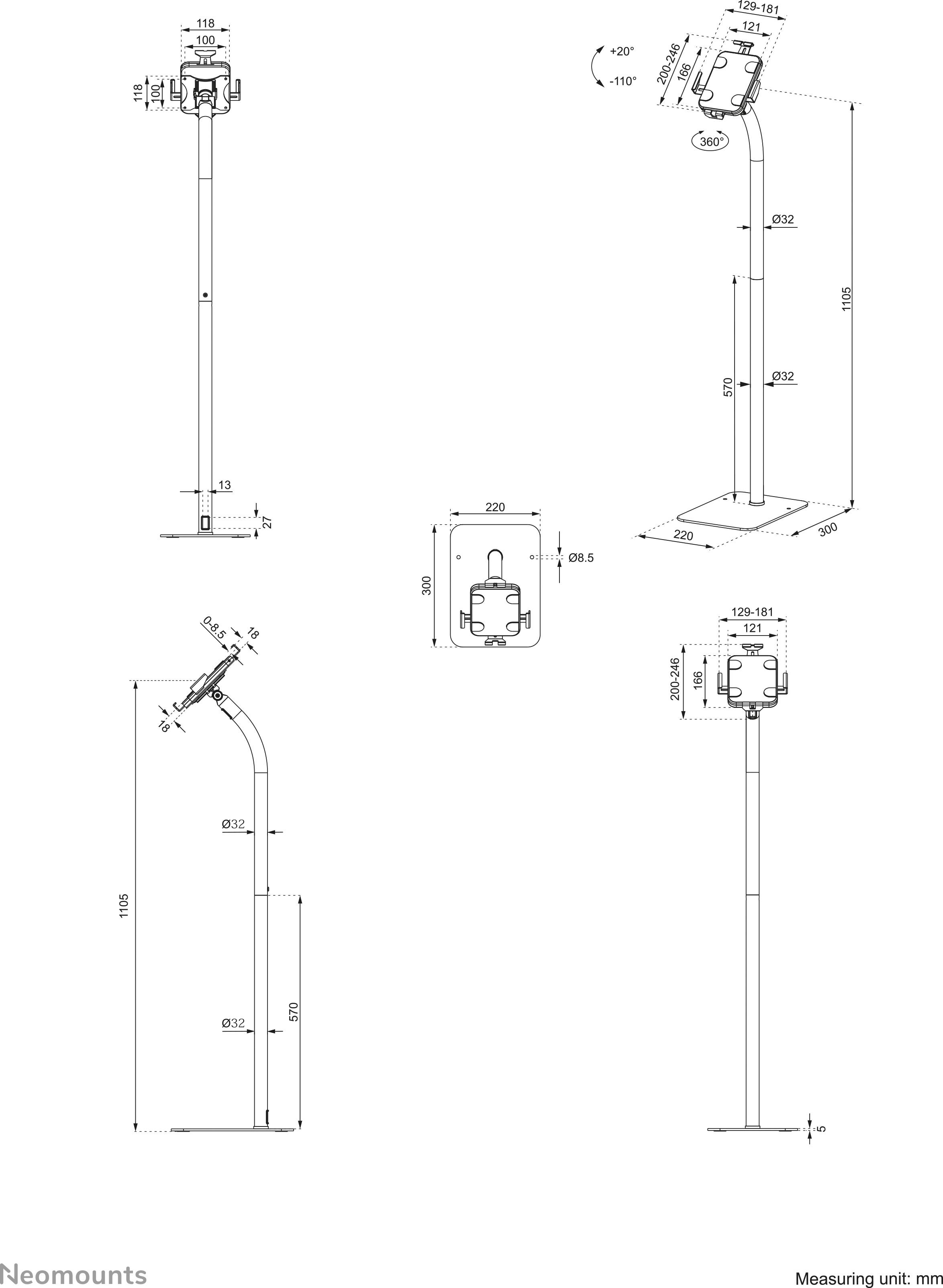 Technische tekening van een verstelbare vloerstandaard met beugel, maatvoering in mm, geschikt voor apparaten van 13-32 inch.