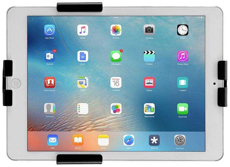 Een tablet met een geopend startscherm toont verschillende kleurrijke app-symbolen op een blauwe achtergrond, waaronder 'Foto's', 'Camera' en 'Instellingen'.