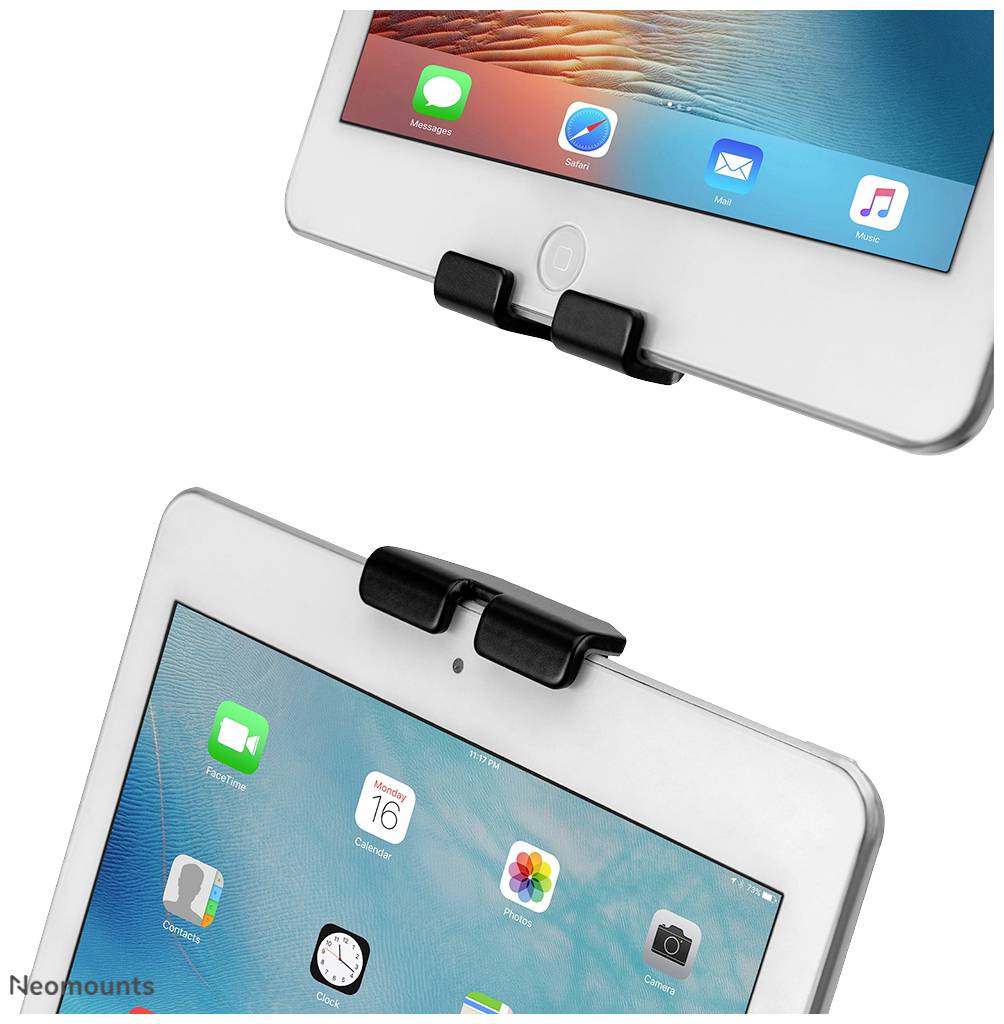 Tablet met webcamcover, open en dicht. Apps op het scherm: berichten, e-mail, klok en kaarten.