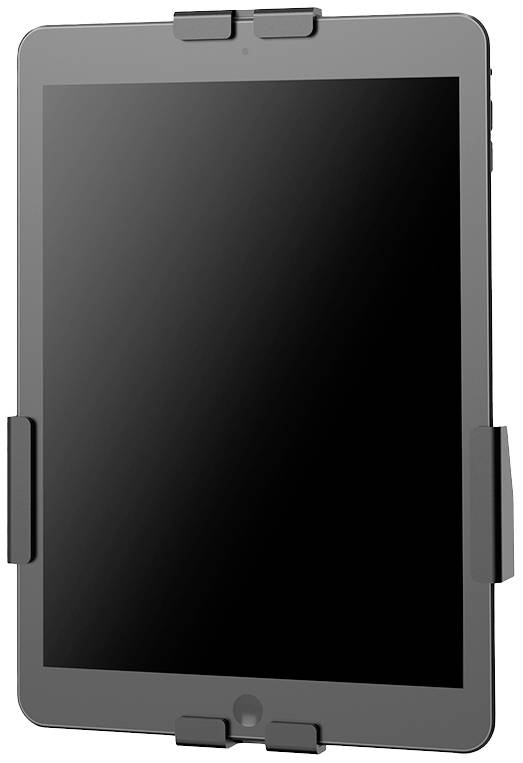 Een tablet dat is bevestigd in een houder, met een zwart scherm en vier klemmen in de hoeken.