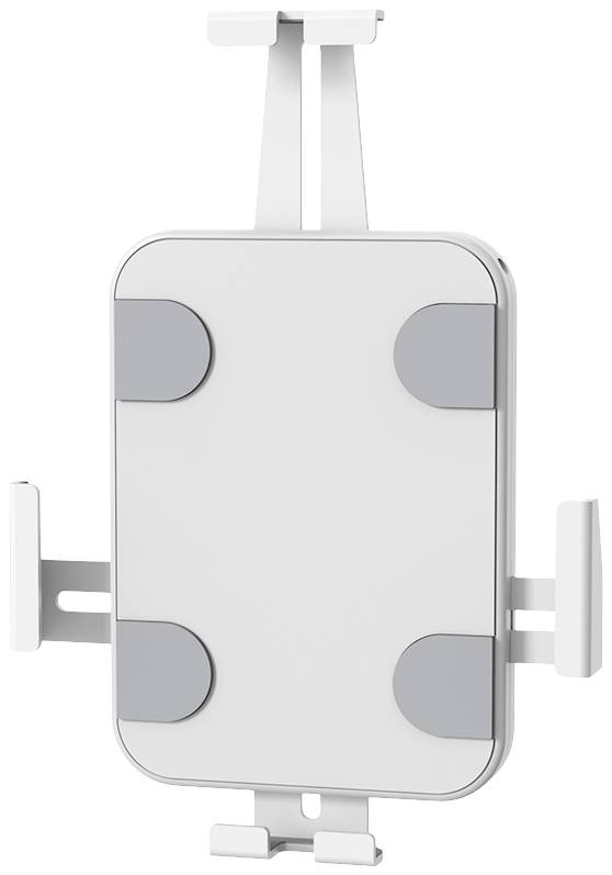 Een witte, rechthoekige telefoonhouder met grijze, draaibare bevestigingen aan alle zijden, ontworpen voor verschillende apparaatformaten.