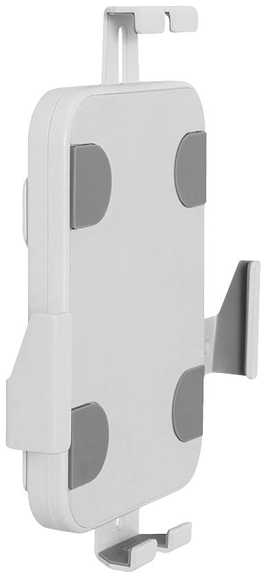 Een grijs-witte telefoonhouder voor bevestiging aan een structuur, met antislip kussentjes en haken bovenaan en onderaan voor stabilisatie.