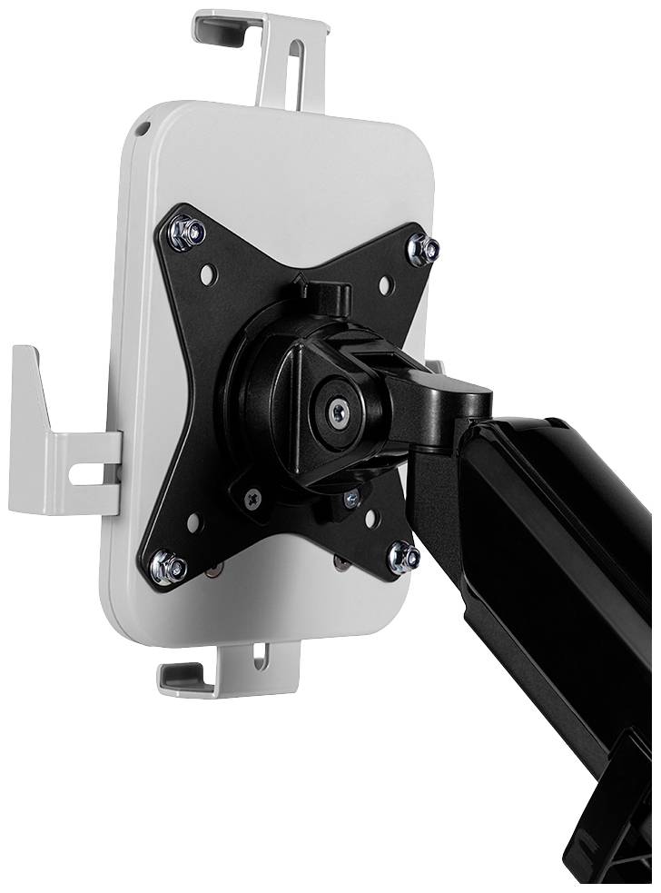 Metalen monitorsteun, zwart, geschikt voor VESA-compatibele monitoren. Verstelbare arm met draai- en kantelbeweging voor flexibele positionering.