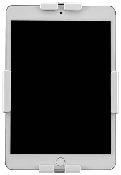 Een zilveren tablet in een witte houder, scherm uitgeschakeld, gefotografeerd van voren.