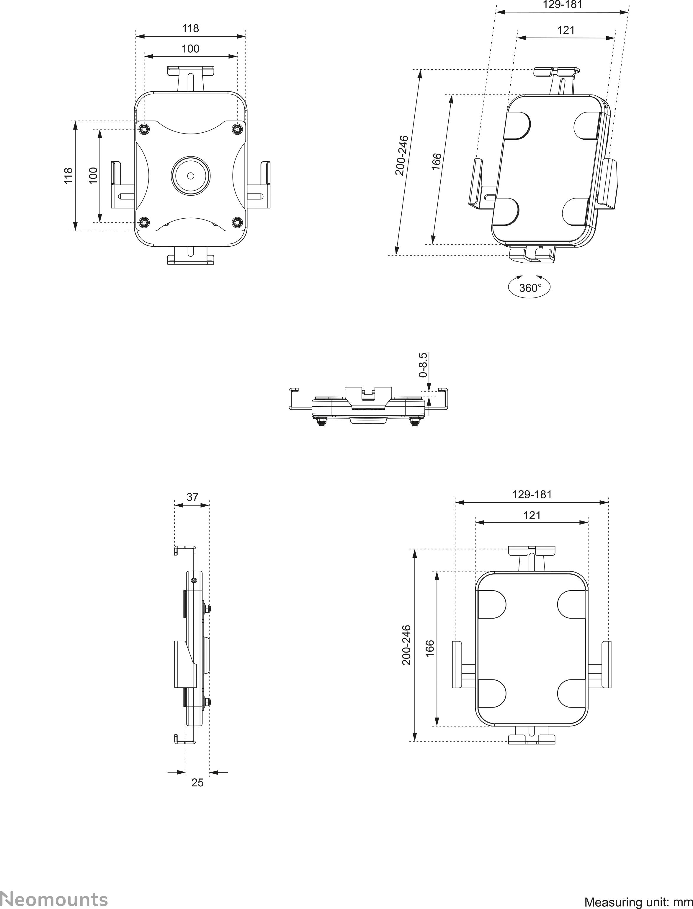 Technische tekening van een monitorstandaard met voor-, zij- en bovenaanzicht. Afmetingen en instelbare gebieden zijn aangegeven.