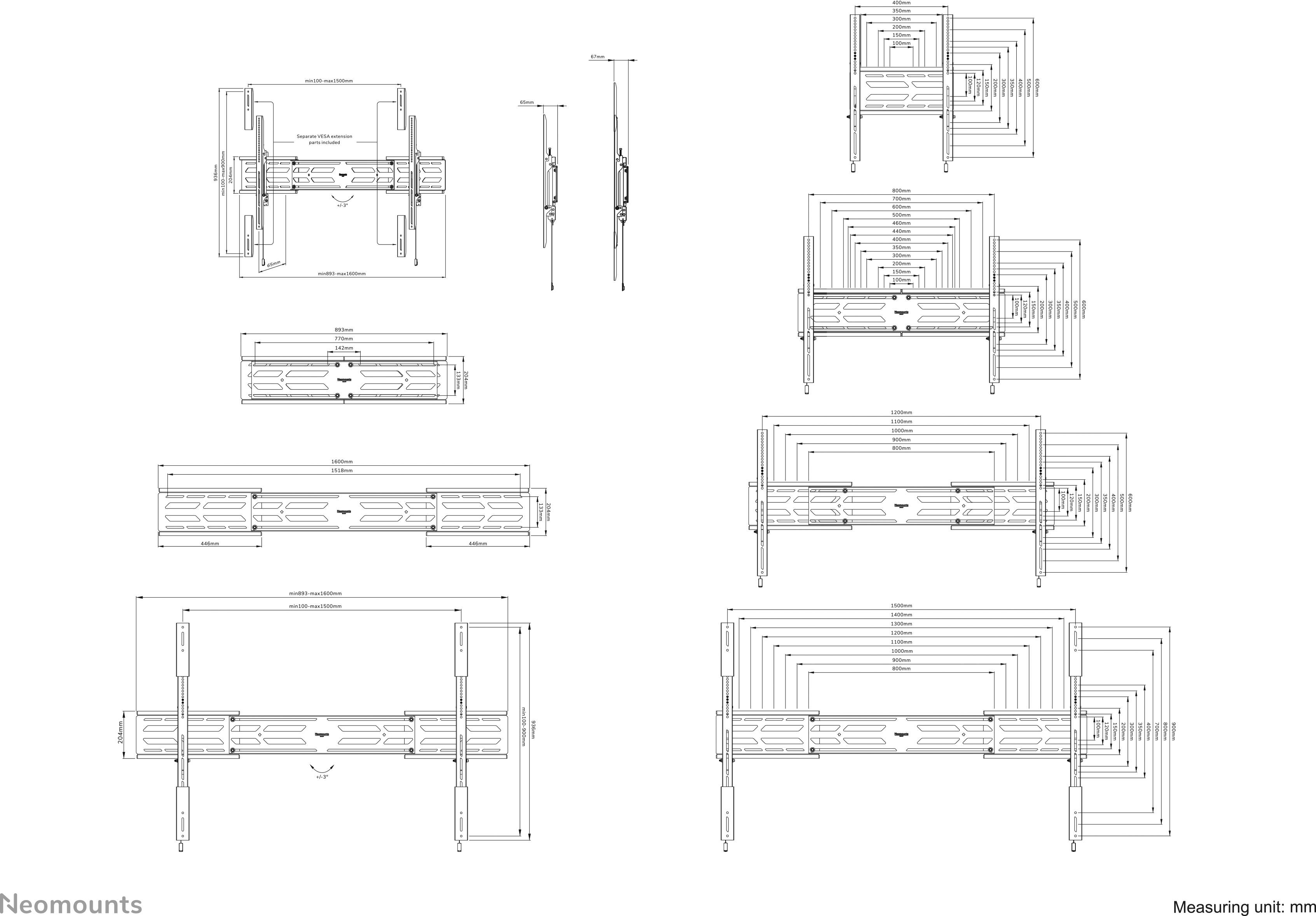 Technische tekening van een tv-steun met meerdere perspectieven en afmetingen. Toont de details en afmetingen van de bevestigingselementen.