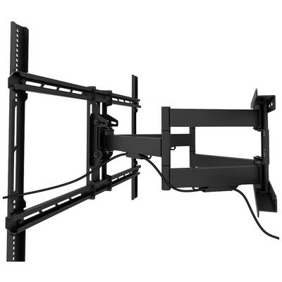 Een zwarte, verstelbare tv-wandsteun met uittrekbare arm en geïntegreerde kabelgeleiding, gemonteerd aan een muur.