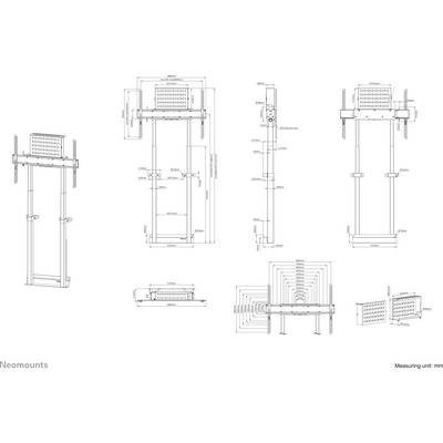 Technische tekening van een tv-wandsteun met gedetailleerde afmetingen en aanzichten vanuit verschillende perspectieven. Maten in millimeters.