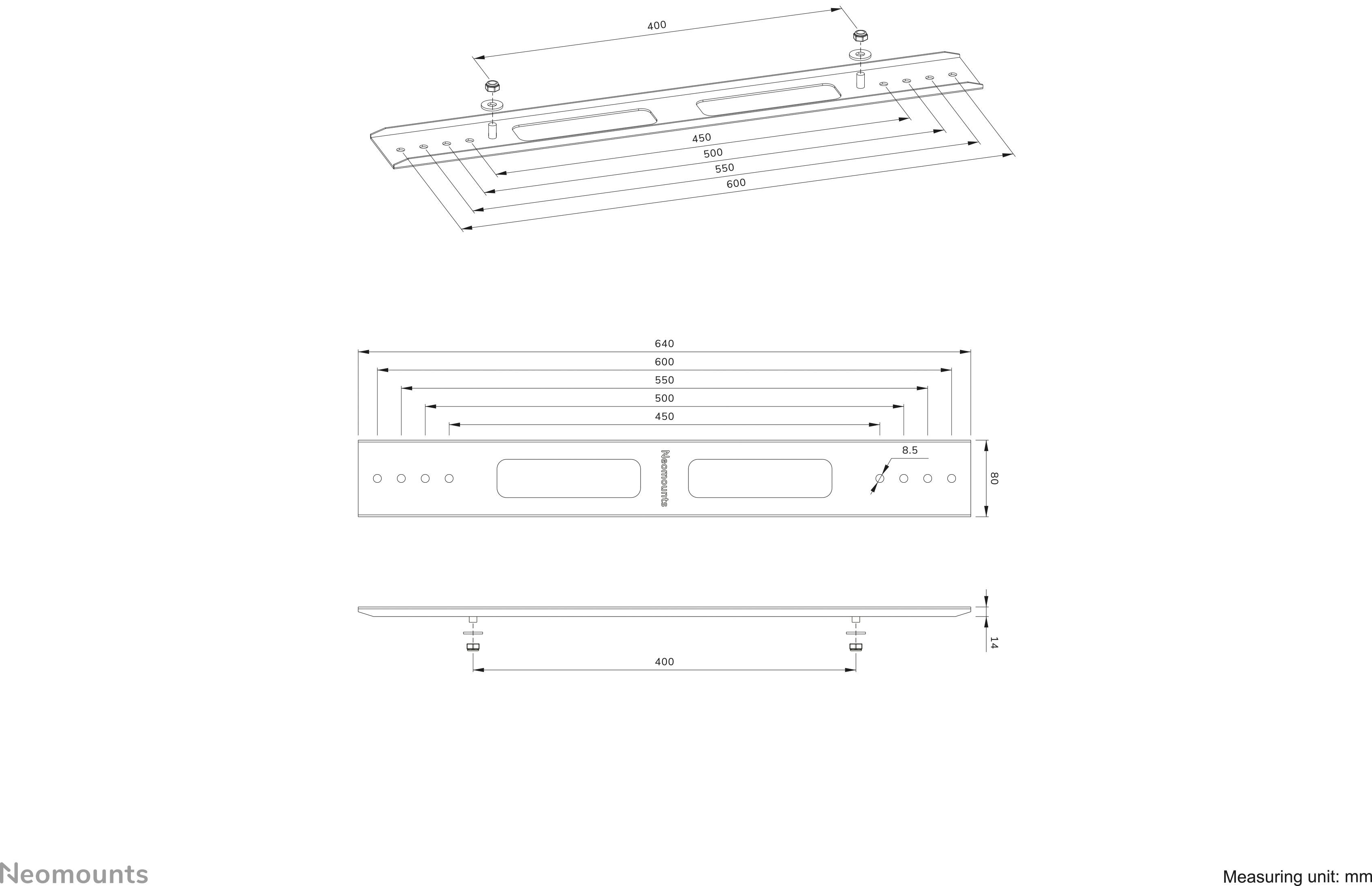 'Tekening van een multi-gatenpatroon-adapter met afmetingen. Bovenaanzicht, vooraanzicht en zijaanzicht met belangrijke maatvoering.'