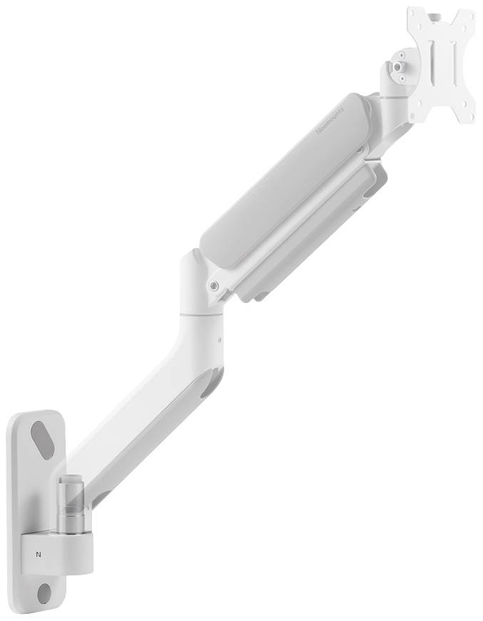 Verstelbare witte monitorarm met meerdere scharnieren, geschikt voor wandmontage. Ideaal voor ergonomische positionering van beeldschermen.