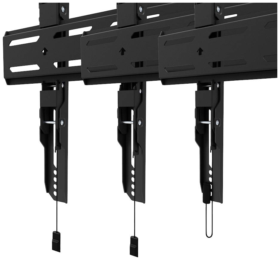 Drie zwarte metalen wandsteunen zijn op een rij geplaatst. Ze hebben verstelbare sleuven en kabels met gespen aan de onderkant.