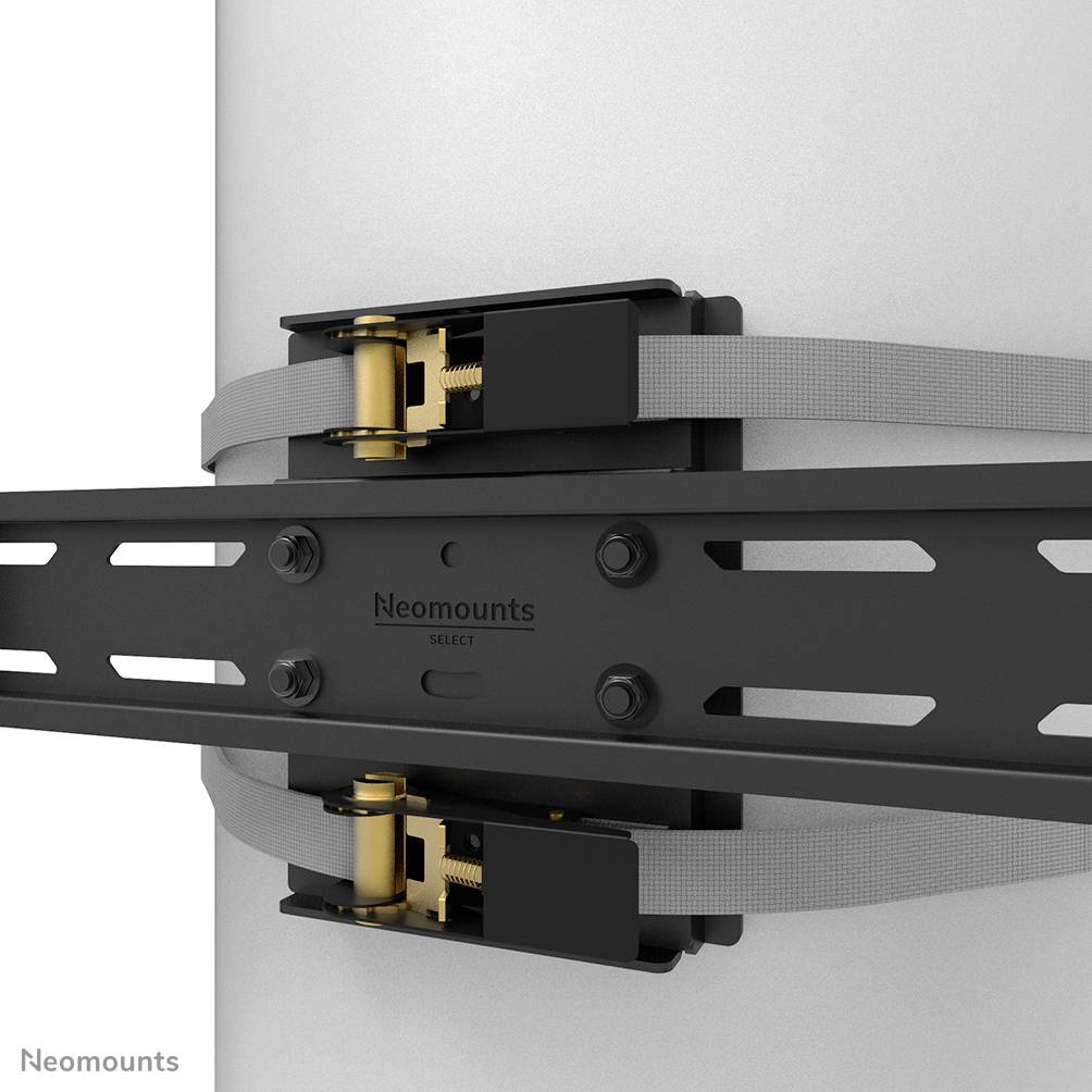 Een houder voor het bevestigen van een monitor aan een ronde mast. Twee spanriemen stabiliseren de constructie.