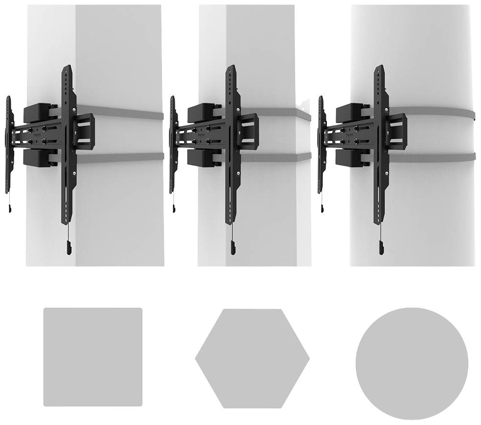 'Wandhalterung voor tv' toont drie keer dezelfde houder bevestigd aan betonnen zuilen in rechthoekige, zeshoekige en ronde vorm.