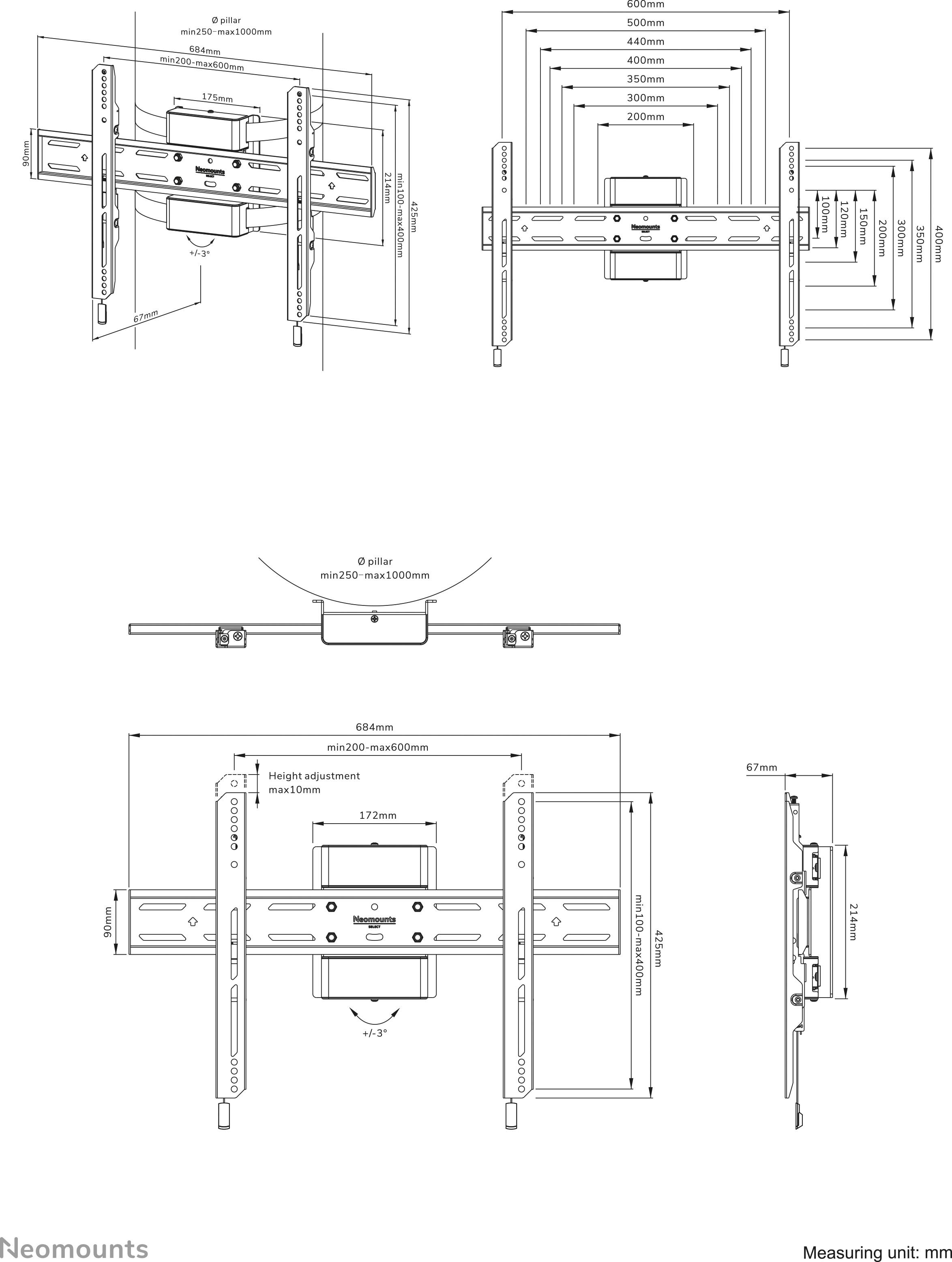 Technische tekening van een monitorstandaard met gedetailleerde afmetingen, verstelbare hoeken en hoogtes. Maateenheid: Millimeter.