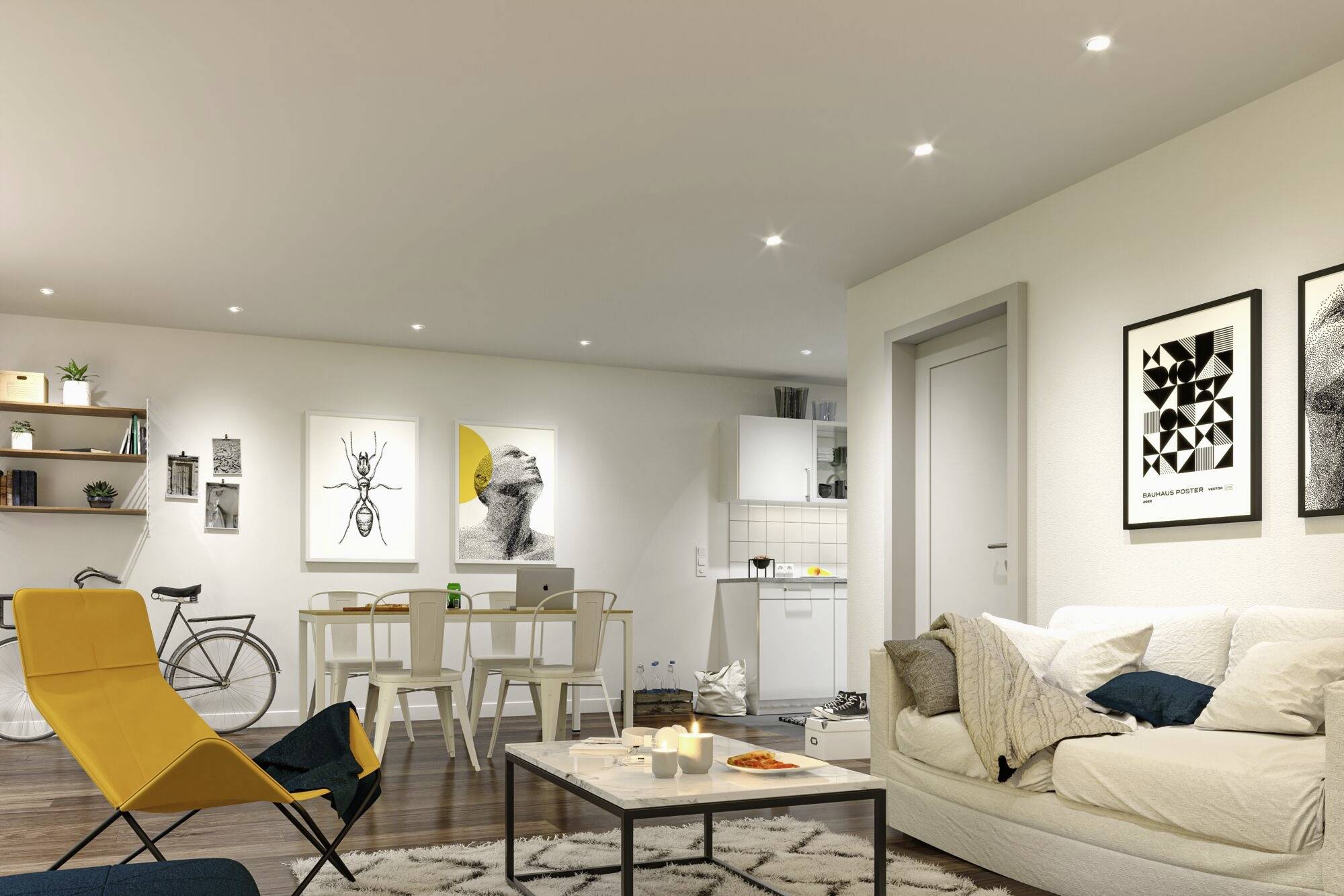 Een modern woonkamer met gele stoelen, een witte bank, een tafel met kaarsen en decoratieve schilderijen aan de muren.