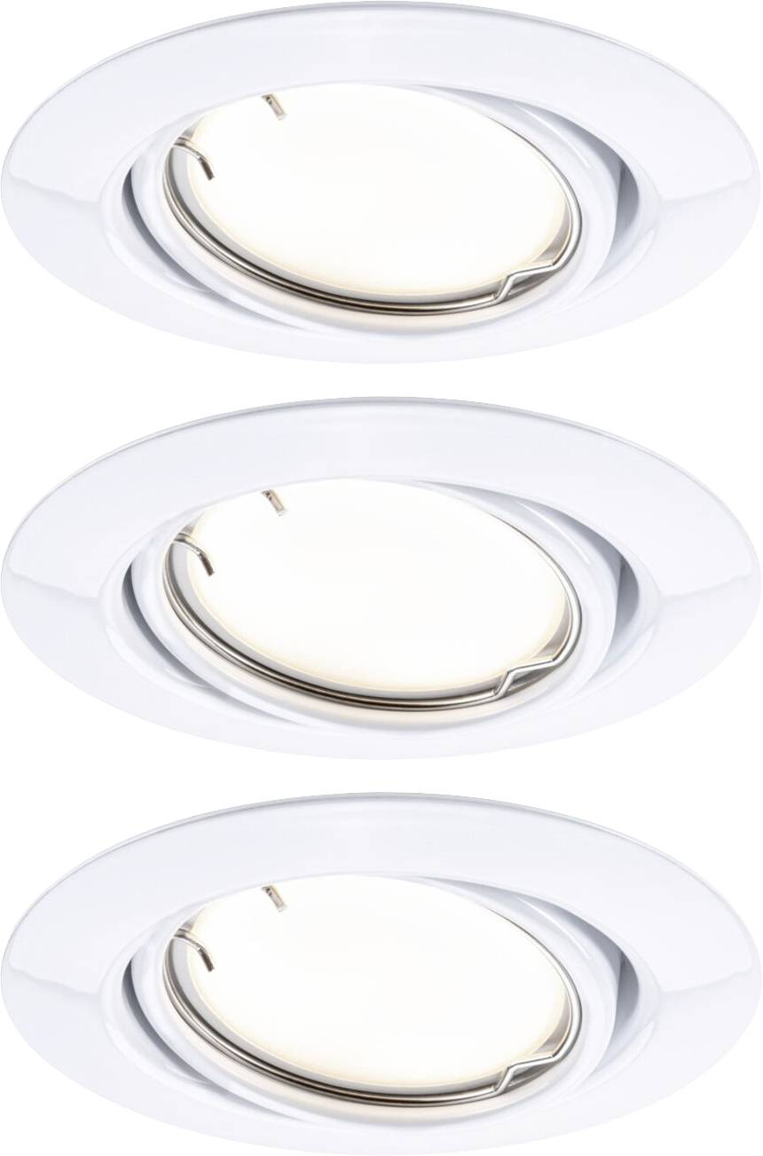 Drie witte inbouwspots met ronde frames en kantelbare lichtbronnen, gerangschikt in een verticale rij.