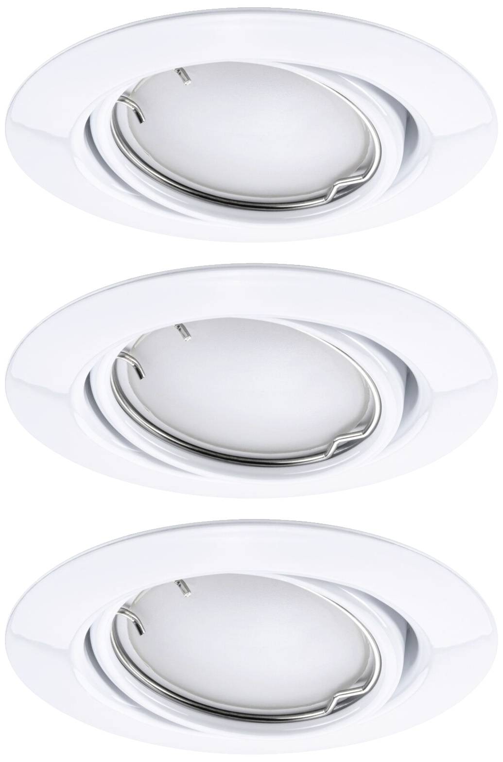 Drie ronde, witte inbouwspots in een verticale configuratie. Elke spot heeft een kantelbare afdekking voor gericht licht.