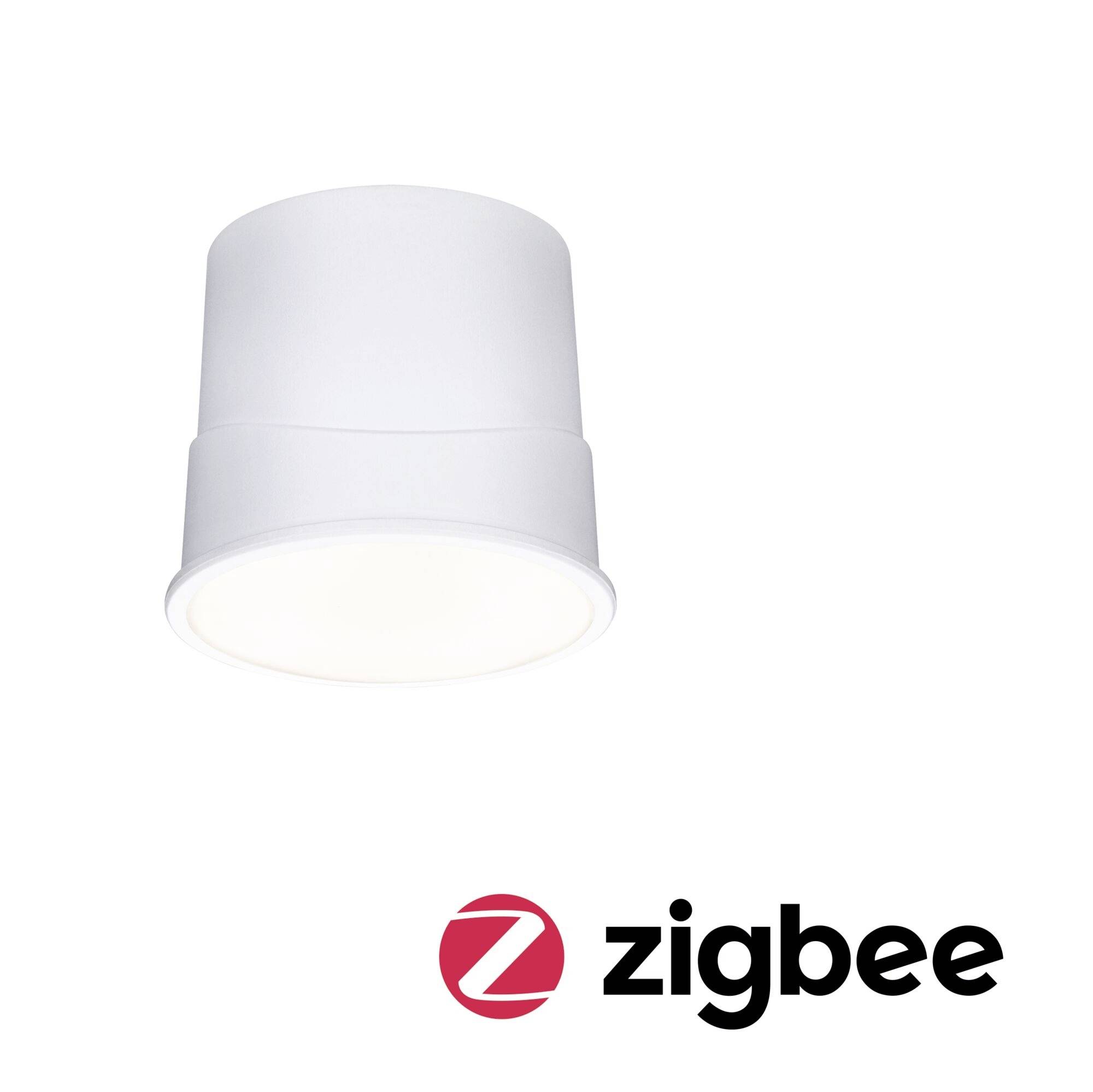 Een witte plafondlamp, weergegeven op een witte achtergrond, met het 'Zigbee'-logo rechtsonder in de afbeelding.