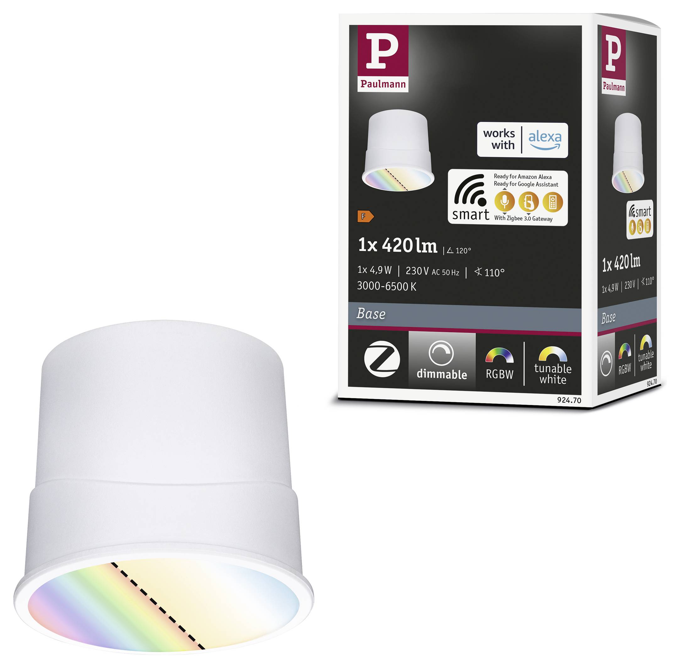 Lamp met 420 lumen en RGB-kleurverandering. Verpakking toont compatibiliteit met Alexa en Google Assistant. Geschikt voor slimme bediening.