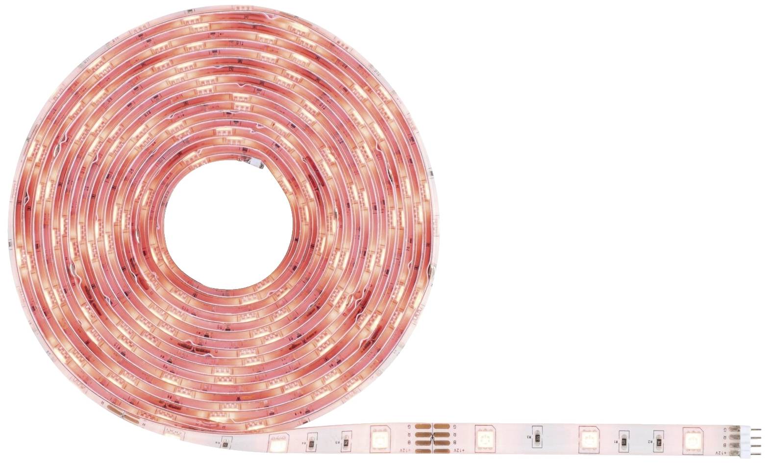 Een rode LED-lichtslinger, opgerold in een cirkel, met een losliggend uiteinde rechts, geschikt voor decoratieve verlichting.