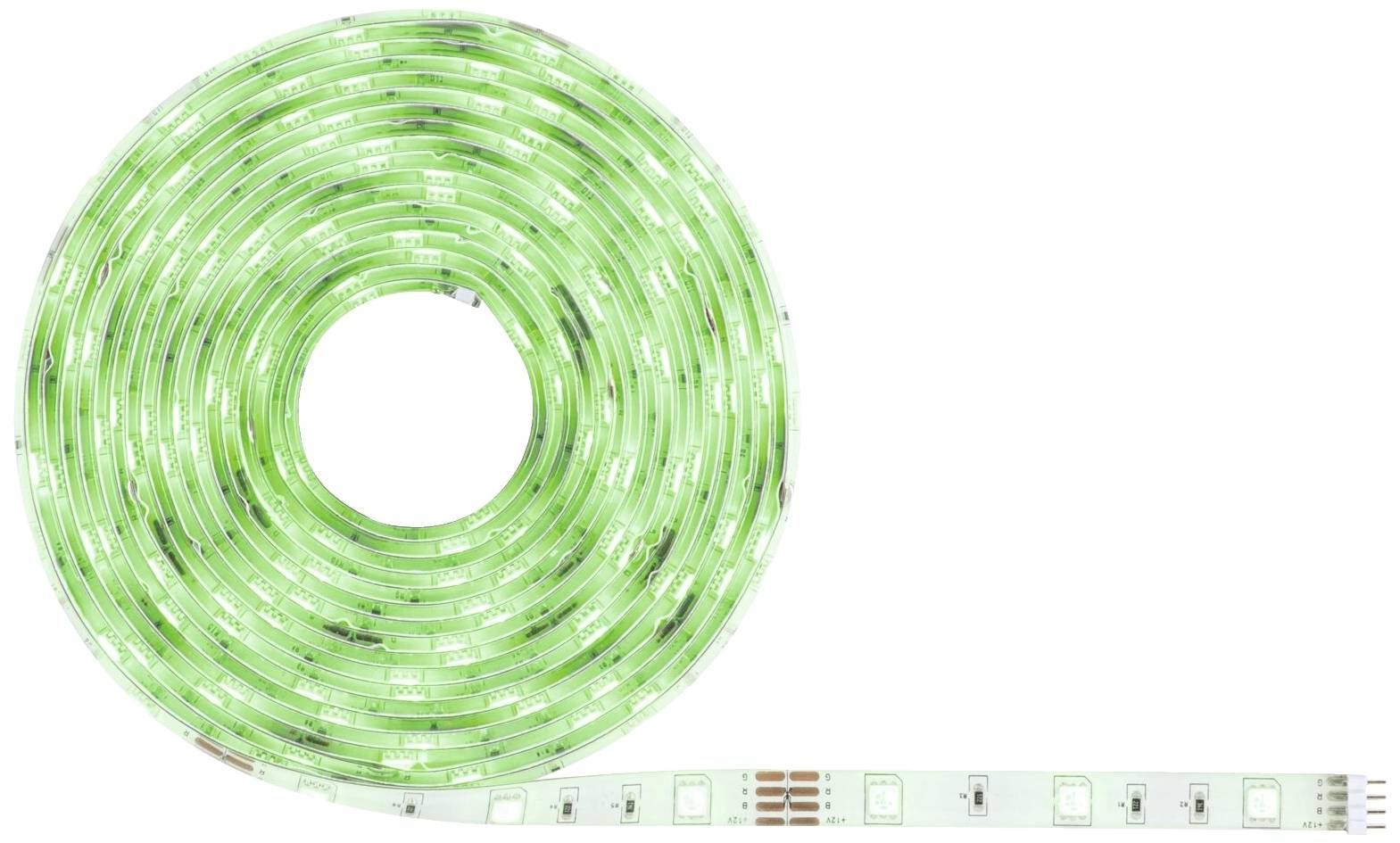 Groene LED-lichtstrip opgerold, met verlichte segmenten. Ideaal voor decoratieve verlichting in binnenruimtes.