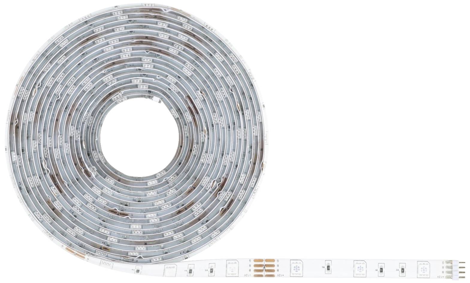 Een opgerolde LED-lichtstrip met een platte kabel, klaar voor montage.