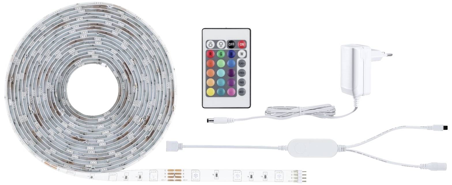 LED-lichtstrip met afstandsbediening en voedingsadapter, toont verschillende kleuropties voor een persoonlijke verlichtingsinstelling.