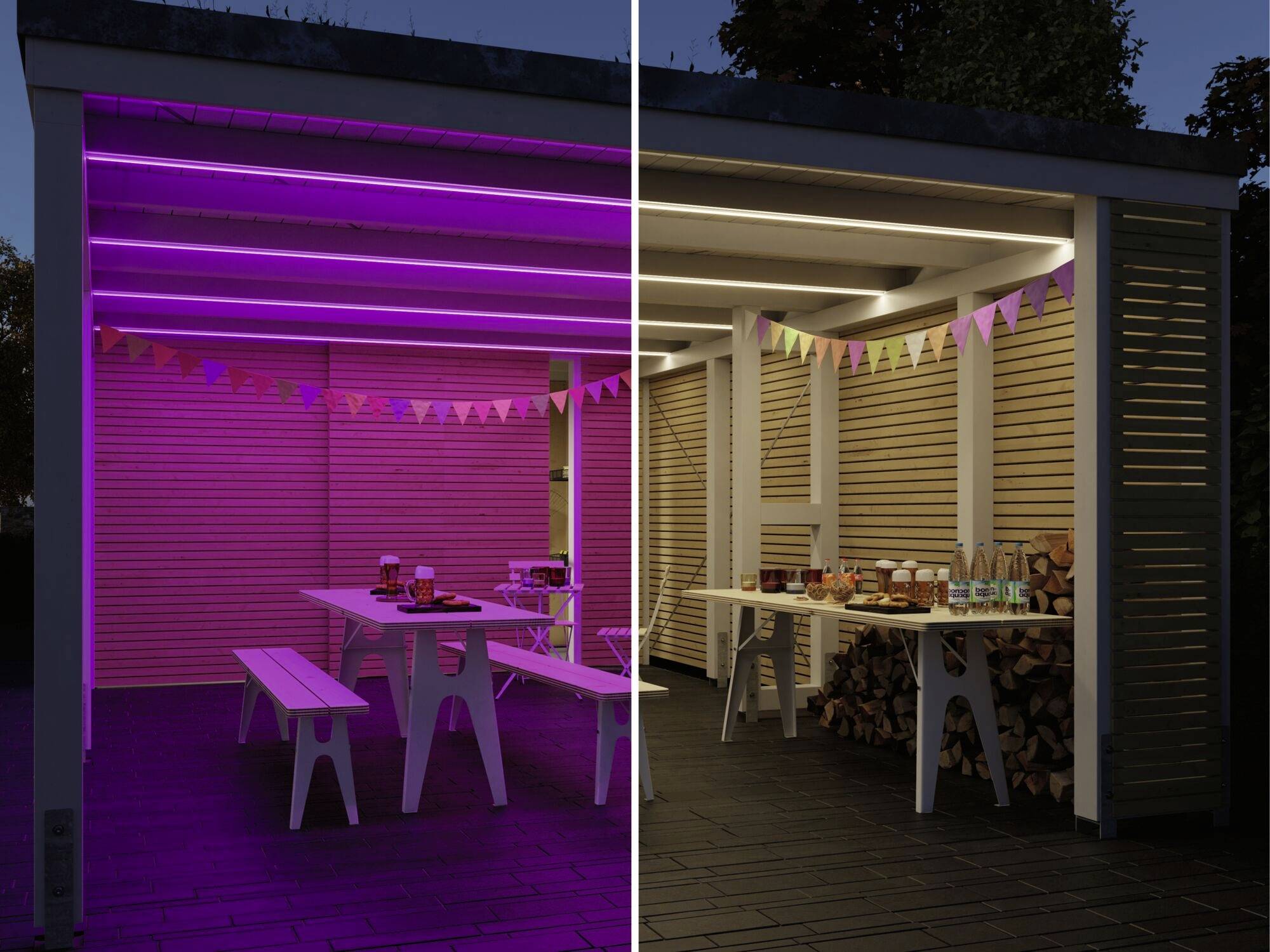 Een buitenruimte bij schemering toont links paarse LED-verlichting, rechts warmgeel licht. Daaronder staan banken en tafels met feestdecoratie.