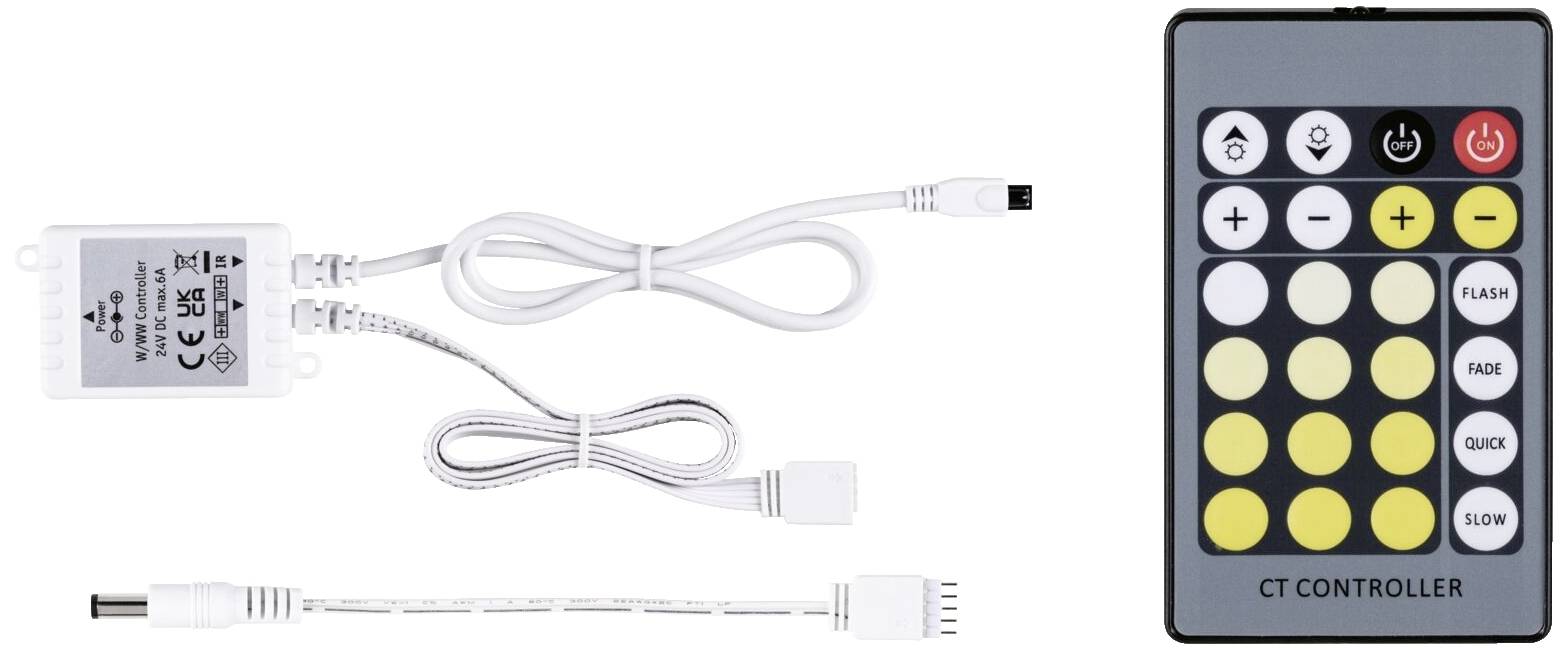 Een controller-set omvat een controlebehuizing, kabels en een afstandsbediening. De afstandsbediening beschikt over knoppen voor snelheid, lichtmodi en aan/uit.