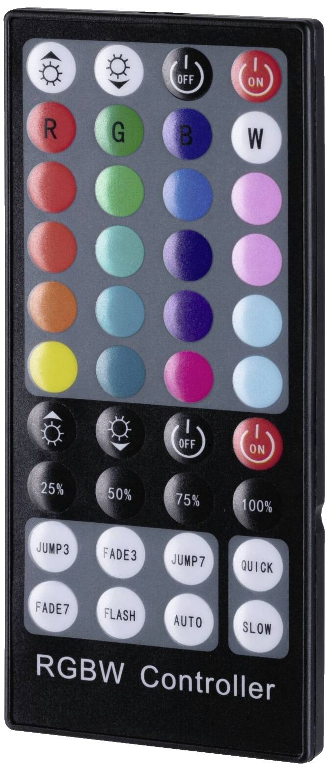 RGBW-controller afstandsbediening met verschillende kleur- en helderheidstoetsen en modi zoals 'Jump', 'Fade' en 'Auto'.