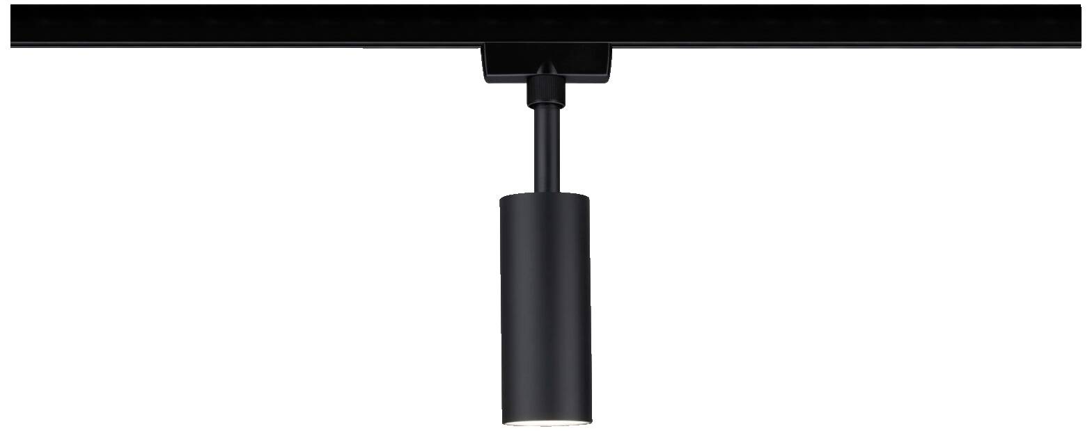 Zwarte cilindrische plafondspot gemonteerd op een rail. Gebruikt voor accentverlichting in moderne interieurs.