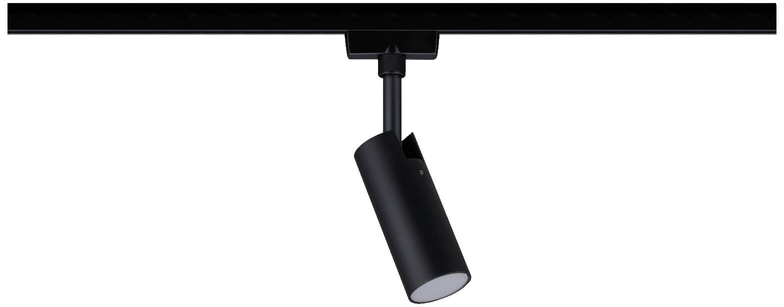 Een zwarte cilindrische stralingsarmatuur is gemonteerd op een rail. De stralingsarmatuur is naar beneden gericht en zou kunnen dienen voor verlichting.