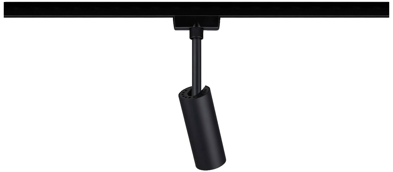 Spotlamp bevestigd aan een rail, naar beneden gericht. Geschikt voor gerichte verlichting in binnenruimtes.