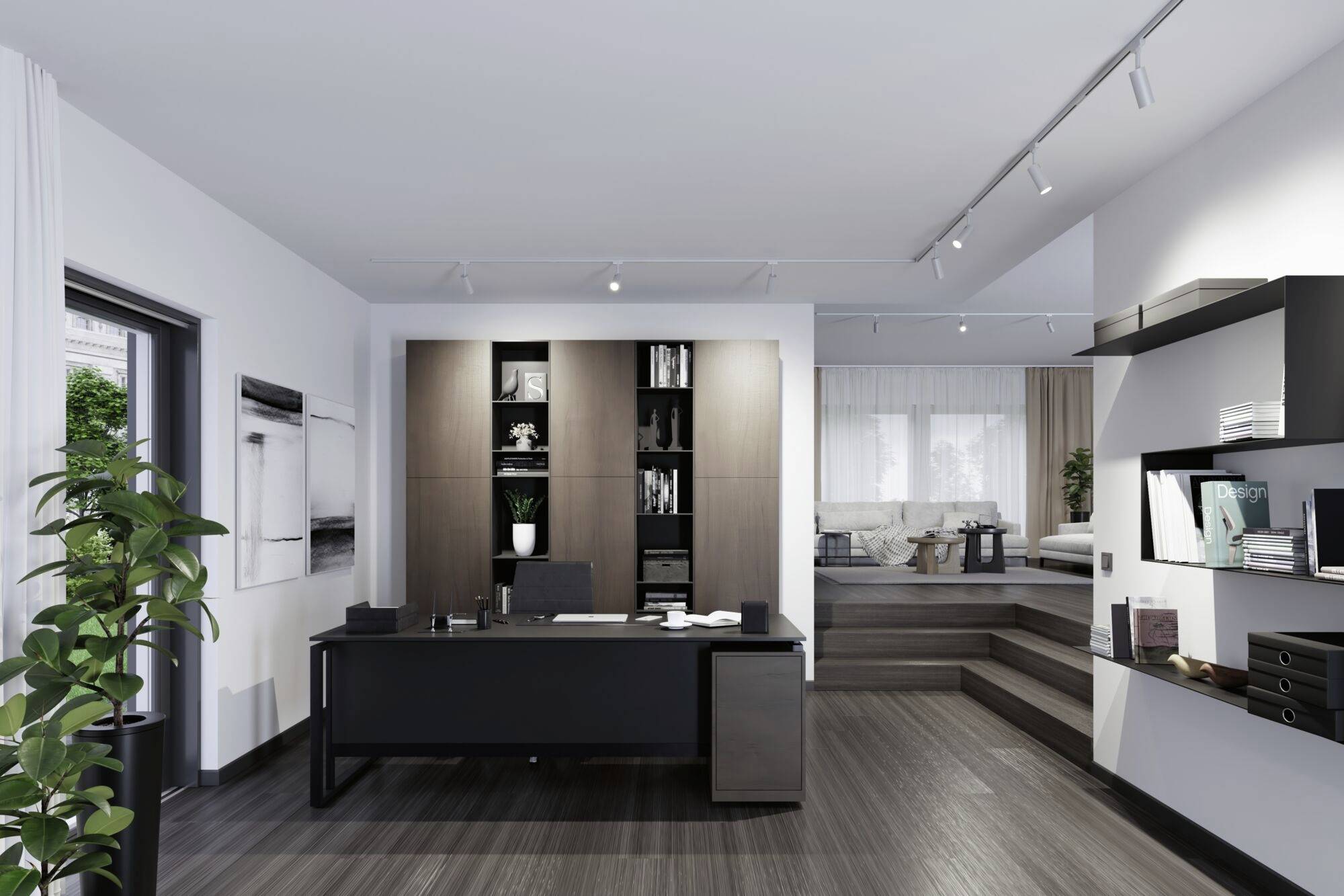 Modern kantoor met een groot bureau op de voorgrond, planken vol boeken aan de muur, groot raam links, planten sfeervol geplaatst.