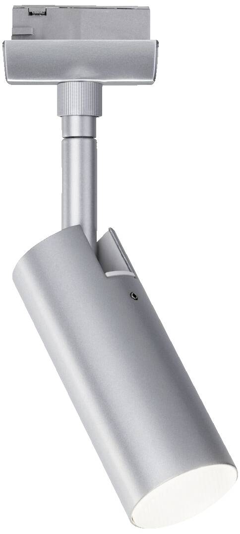 Zilveren cilindrische plafondspot met verstelbare kop, geschikt voor gerichte verlichting in moderne interieurontwerpen.