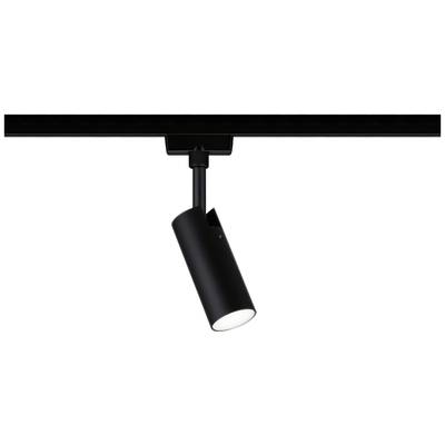 Een zwarte plafondspot aan een bevestigingsrail, naar beneden gericht. Geschikt voor gerichte verlichting.