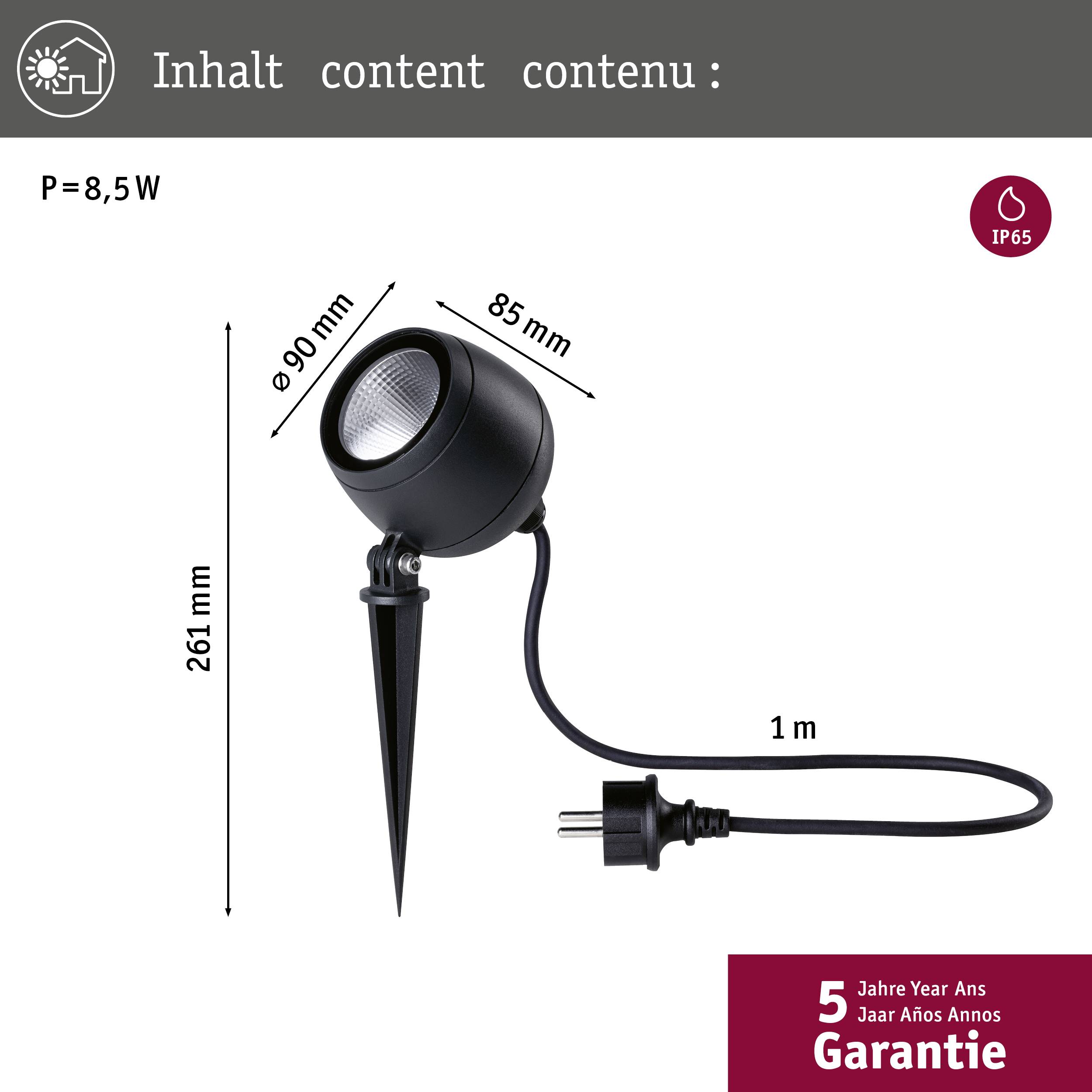 'Zwarte tuinspot met grondpen, IP65 geclassificeerd. Vermogen: 8,5W. Afmetingen: 90mm H, 85mm D, 1m kabel. 5 jaar garantie.'