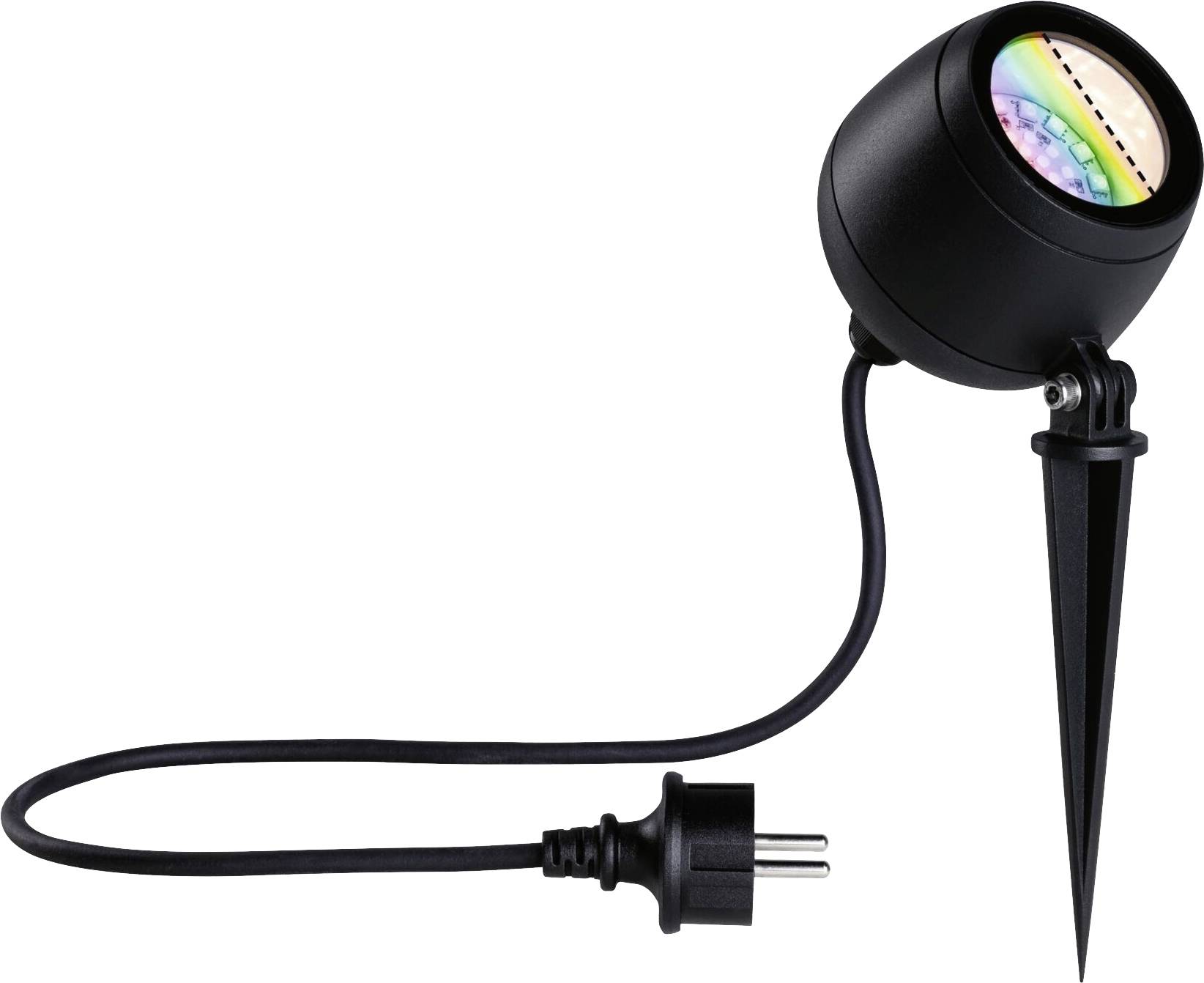 Een zwarte LED-tuinspot met grondpin en stekker, die in regenboogkleuren oplicht.