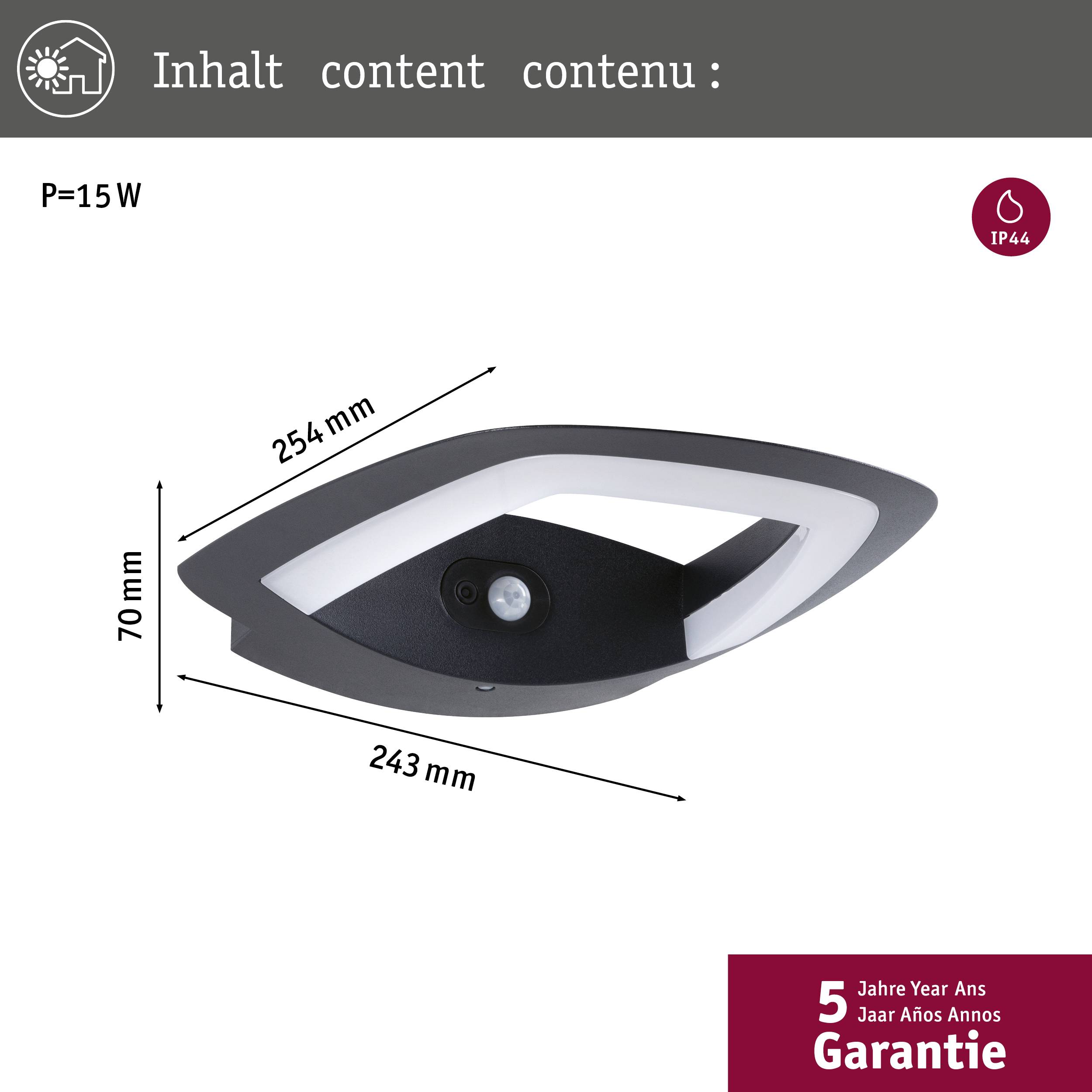'Afbeelding van een plafondlamp. Rechthoekig ontwerp, zwart-wit, met bewegingssensor. Energieverbruik: 15W. 5 jaar garantie.'
