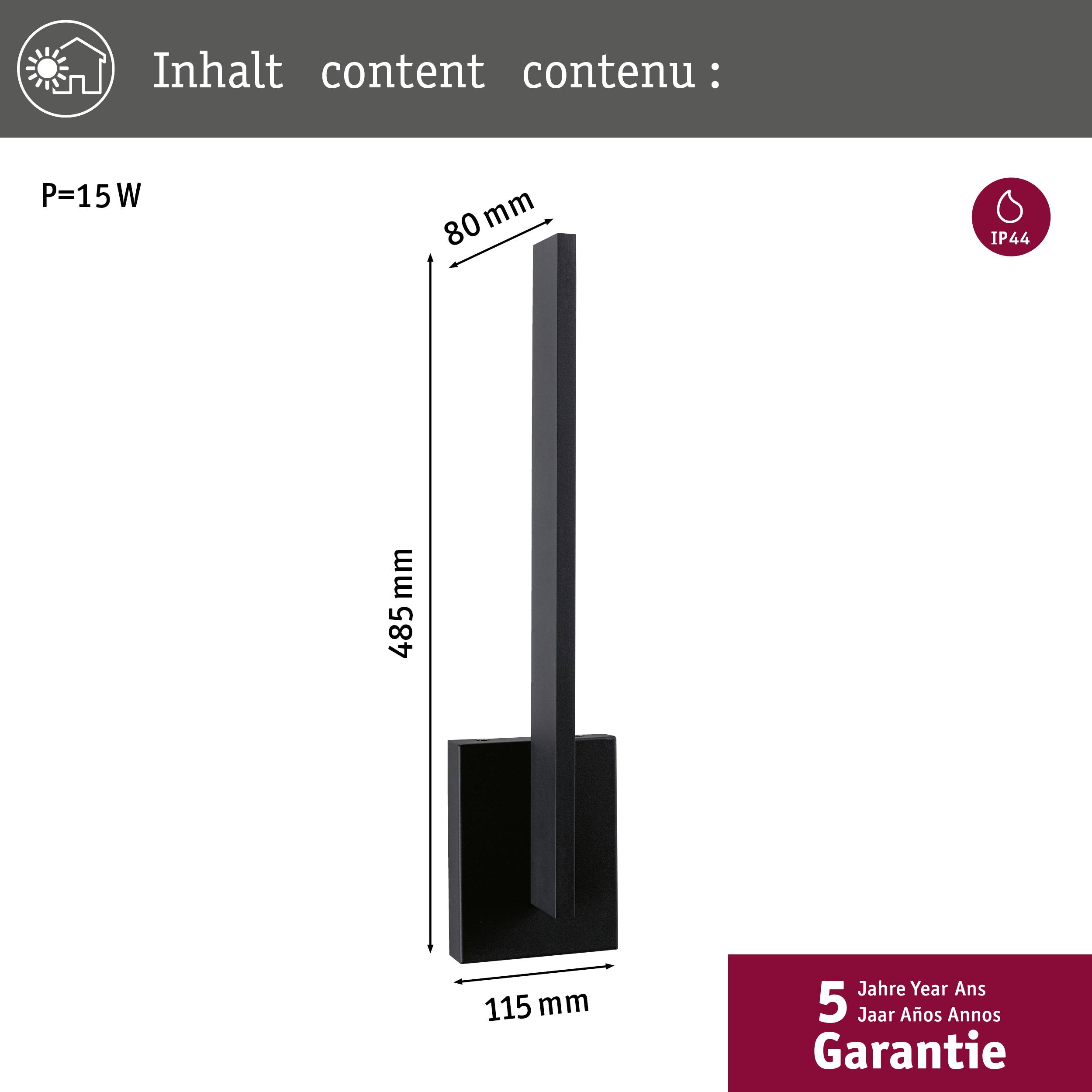 'Zwarte buitenlamp met IP44-classificatie, afmetingen 485 mm x 115 mm x 80 mm, 15 W vermogen. 5 jaar garantie.'
