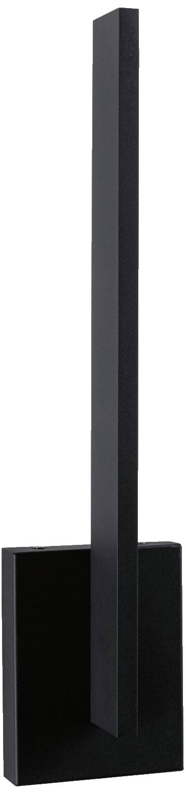 Zwarte, minimalistische sculptuur met een rechthoekige basis en een slanke, rechtopstaande balk.