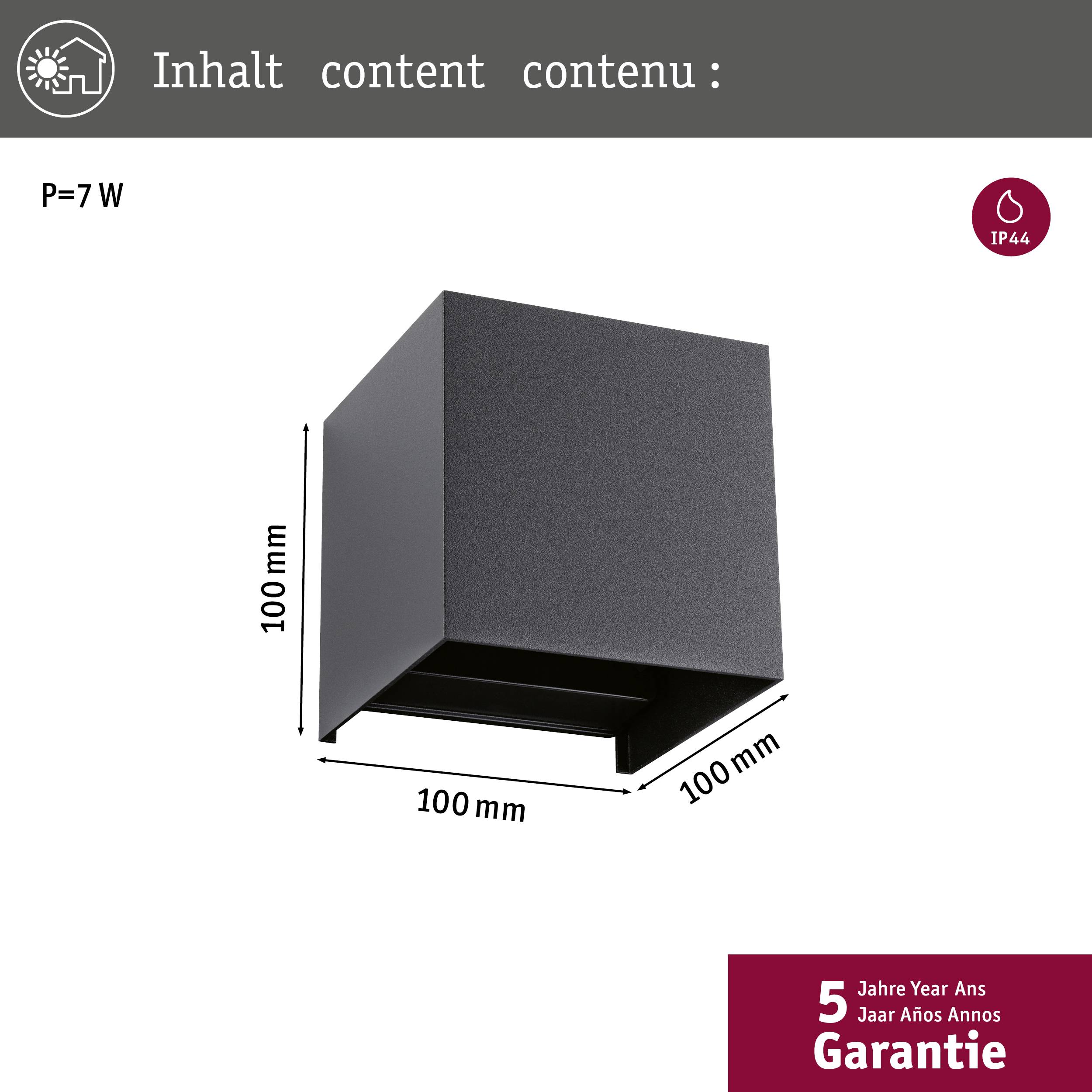 Een zwarte, vierkante wandlamp met afmetingen van 100 x 100 x 100 mm en een vermogen van 7W, geschikt voor buitengebruik (IP44).