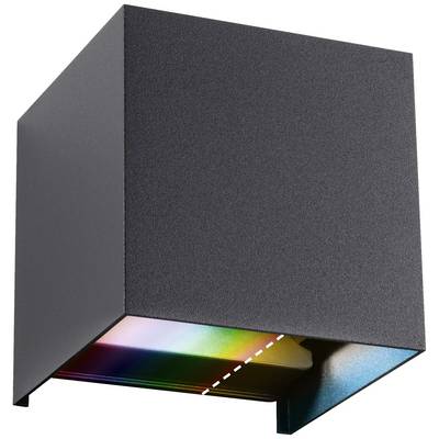 Zwarte wandlamp met rechthoekige behuizing. Onderaan komen regenboogkleuren zacht tevoorschijn, creëren een decoratief lichtaccent.
