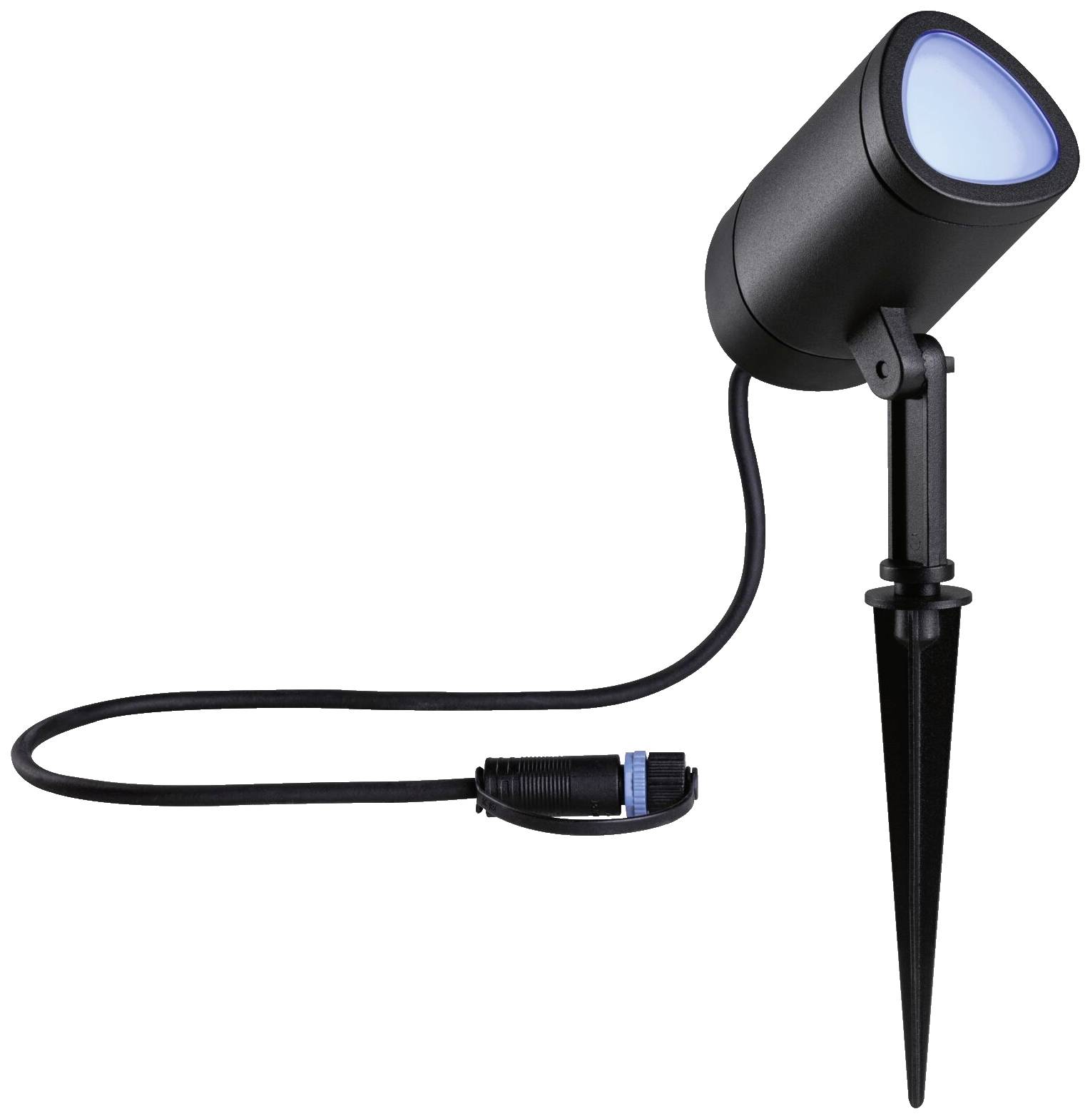 Zwarte LED-spot met grondpen en kabelaansluiting, blauw verlicht. Geschikt voor buitenverlichting.