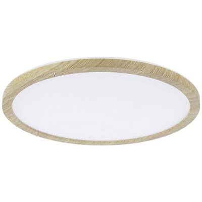 Ronde LED-plafondlamp met houten frame, geschikt voor moderne woonruimtes.