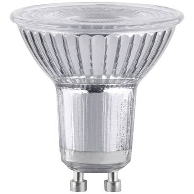 Een transparante LED-spotlamp met GU10-fitting, staand, tegen een witte achtergrond.