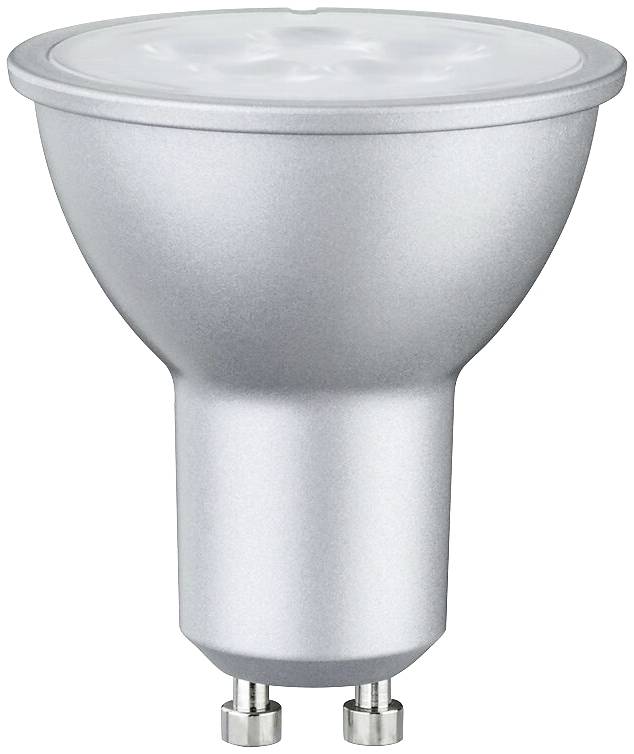 LED-spotlamp met GU10-fitting, zilverkleurige behuizing, geschikt voor energiebesparende toepassingen in woon- en bedrijfsruimten.