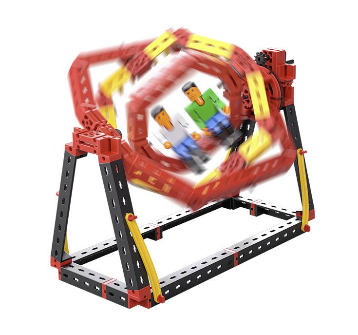 Een modulair systeem stelt een roterend carrousel voor, waarbij twee figuren zitten. Het toont beweging en technisch plezier voor kinderen.
