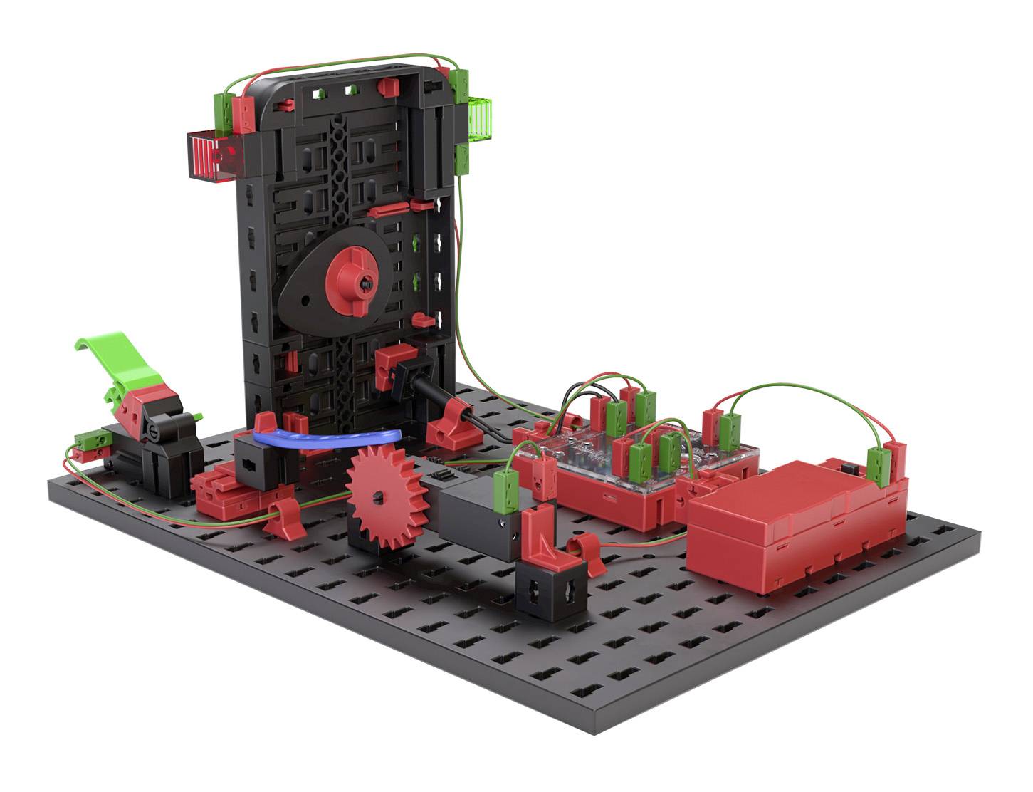Experimenteerdoos met rode en groene elektronische componenten op een zwarte basis. Bevat tandwielen, schakelaars en kabels.